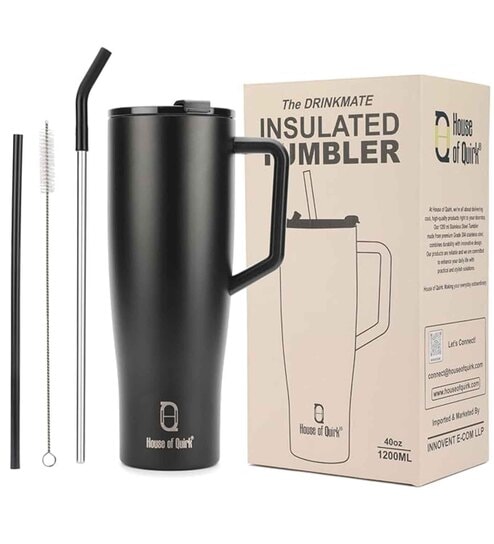 House of Quirk 1200ML Drinkmate Tumbler with Handle and 2 Straw Flip Lid, Stainless Steel Large Water Bottle Gifts for Women Men Him Her (Black)