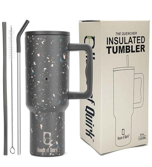 House of Quirk 1200ML Stainless Steel Tumbler Hot and Cold with Handle and Lid 2 Straw, Double Insulated Cup 100% Leak Proof Mug Cupholder for Gym, Travelling (Grey Paint)