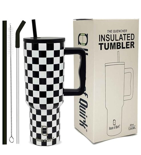 House of Quirk 1200ML Stainless Steel Tumbler Hot and Cold with Handle and Lid 2 Straw, Double Insulated Cup 100% Leak Proof Mug Cupholder for Gym, Travelling (Chess)