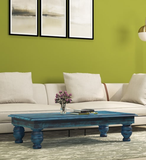 Houston Solid Wood Coffee Table In Distress Blue Finish By Bohemiana