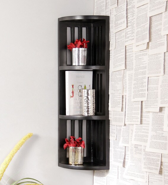 Buy Engineered Wood Stripes Corner Wall Shelf in Black Colour by Home ...