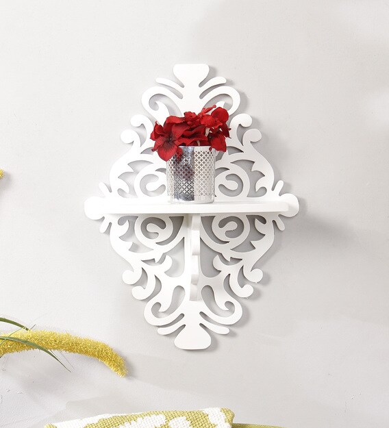 Buy Engineered Wood Carved Floating Wall Shelf in White Colour by AYMH
