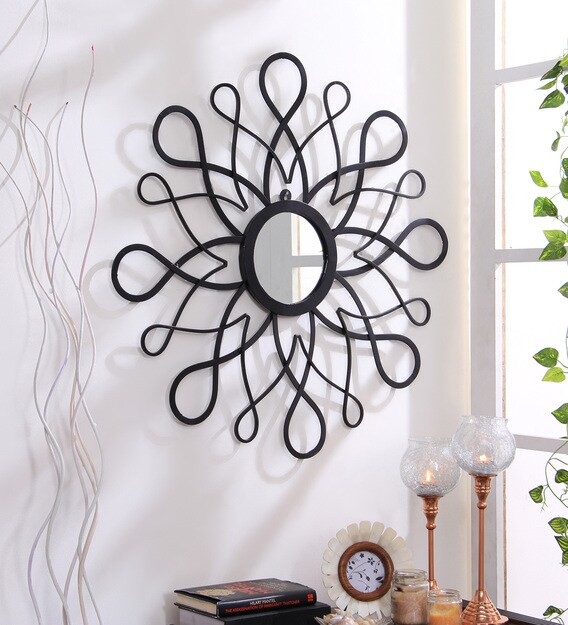Buy Metal Abstract Wall Mirror In Black Colour By Hosley Online