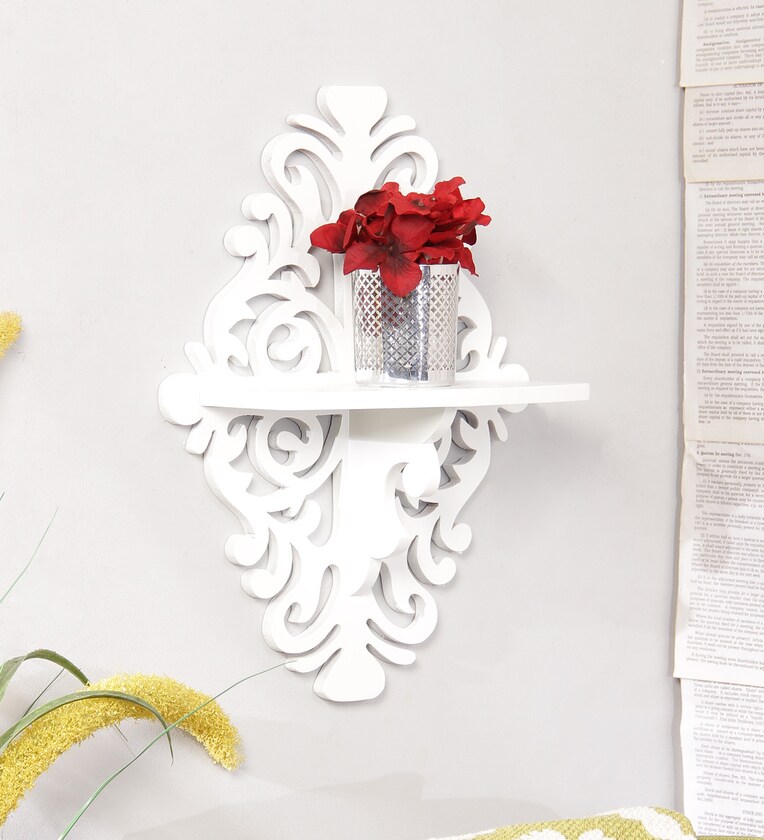 Buy Engineered Wood Carved Floating Wall Shelf in White Colour by AYMH
