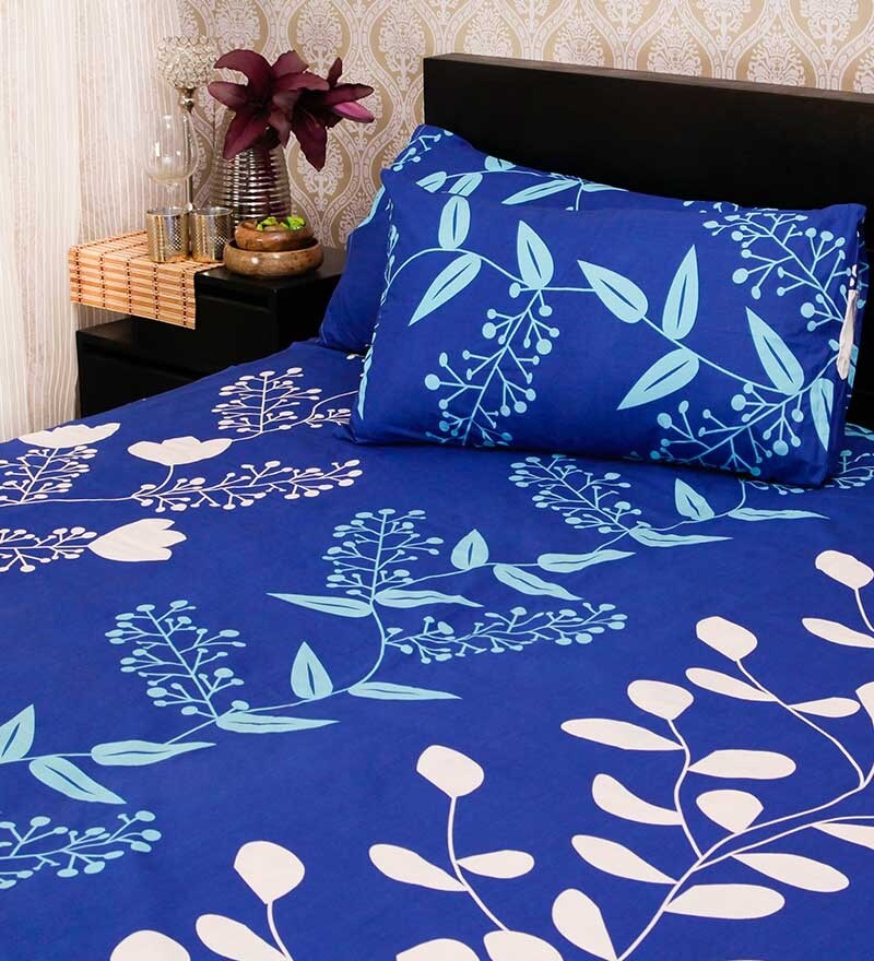 Elegant Grey & Blue Cotton Double Bedsheet Set – Minimal Diamond Print with Pillow Covers main image 0