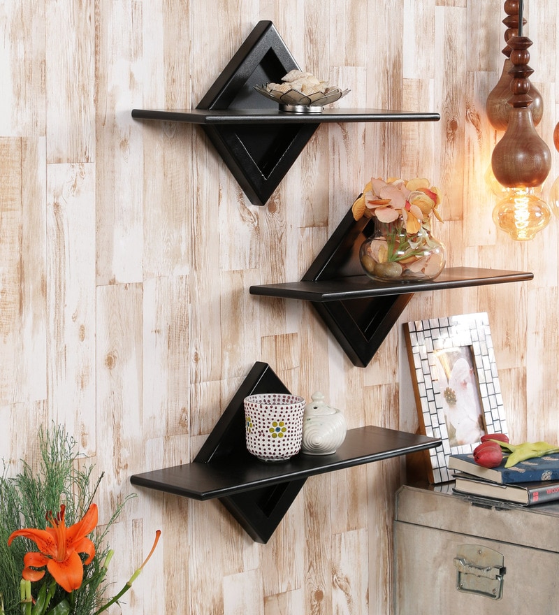 Buy Set of 3 Engineered Wood Floating Wall Shelf in Black Colour by