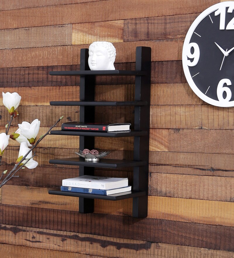 Buy Solid Wood HandMade 5 Tier MultiPurpose Wall Shelf in Black