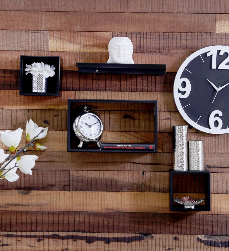 Buy Set of 4 Engineered Wood Floating Wall Shelf in Black Colour by