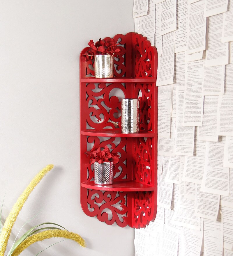 Buy Engineered Wood Carved Corner Wall Shelf in Red Colour by Home