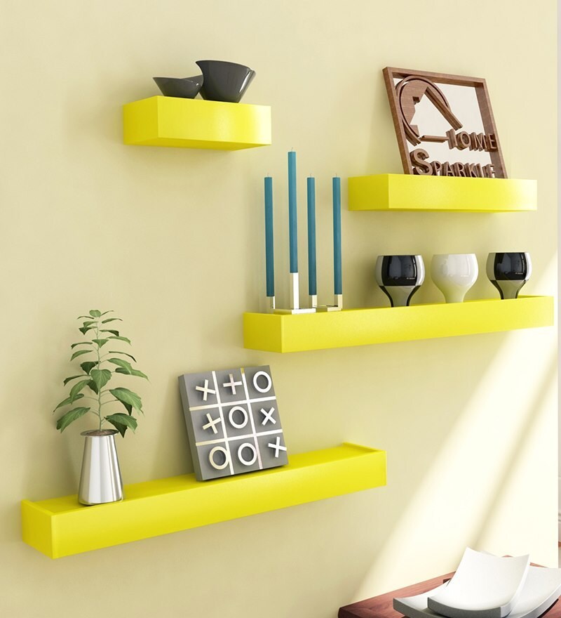 Buy Home Sparkle Yellow Engineered Wood Set of 4 Wall Shelves Online