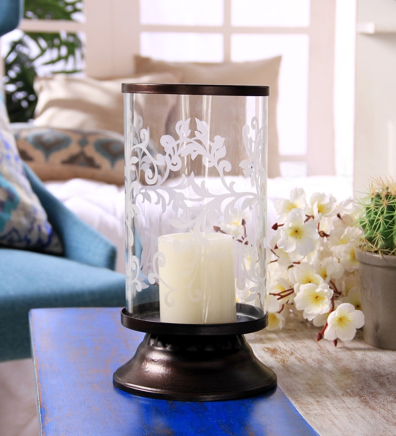 Buy Bronze Iron & Glass Decorative Etched Hurricane Pillar Candle