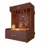 Holy Swastika Symbol of Hindu Religious Brown Wooden Wall Temple for Home With Inbuilt focus Lights & Spacious Shelf