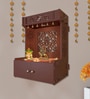 Holy Swastika Symbol of Hindu Religious Brown Wooden Wall Temple for Home With Inbuilt focus Lights & Spacious Shelf
