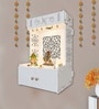 Holy Swastika Symbol of Hindu Religious White Wooden Wall Temple for Home With Inbuilt focus Lights & Spacious Shelf
