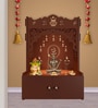 Brown Finish Holy Symbol Om Chakra Floor Temple with Spacious Wooden Shelf & Inbuilt Focus Light