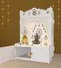 White Finish Holy Symbol Om Chakra Floor Temple with Spacious Wooden Shelf & Inbuilt Focus Light