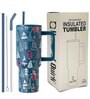 House of Quirk 1200ML Stainless Steel Christmas Tumbler Hot and Cold with Handle and Lid 2 Straw, Double Insulated Cup 100% Leak Proof Mug Cupholder for Gym, Travelling (Merry Blue)