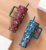 House of Quirk 1200ML Stainless Steel Christmas Tumbler Hot and Cold with Handle and Lid 2 Straw, Double Insulated Cup 100% Leak Proof Mug Cupholder for Gym, Travelling (Merry Blue)