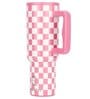 House of Quirk 1200ML Stainless Steel Tumbler Hot and Cold with Handle and Lid 2 Straw, Double Insulated Cup 100% Leak Proof Mug Cupholder for Gym, Travelling (Pink Check)