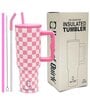 House of Quirk 1200ML Stainless Steel Tumbler Hot and Cold with Handle and Lid 2 Straw, Double Insulated Cup 100% Leak Proof Mug Cupholder for Gym, Travelling (Pink Check)