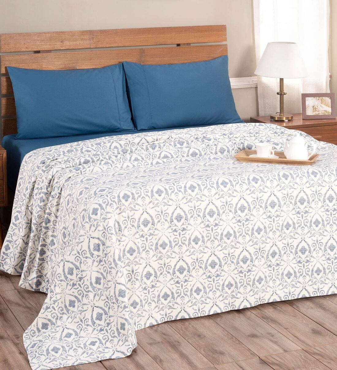 Buy Hues Rustic Clash Blue Print Double Bed Cover By maspar Online