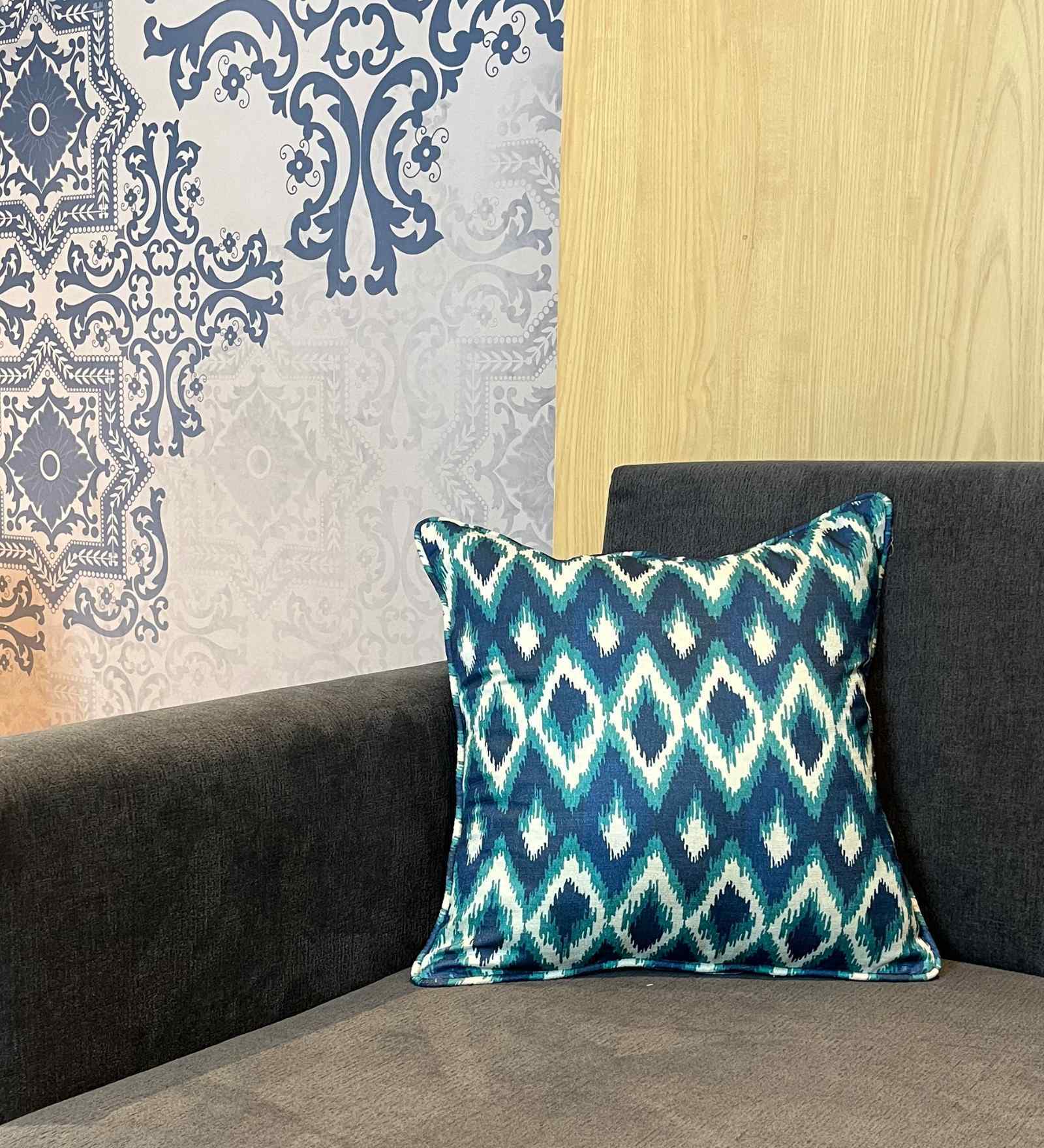 Huatay Aqua Silk Blend Geometric Ikat 16 x 16 Inches Cushion Cover