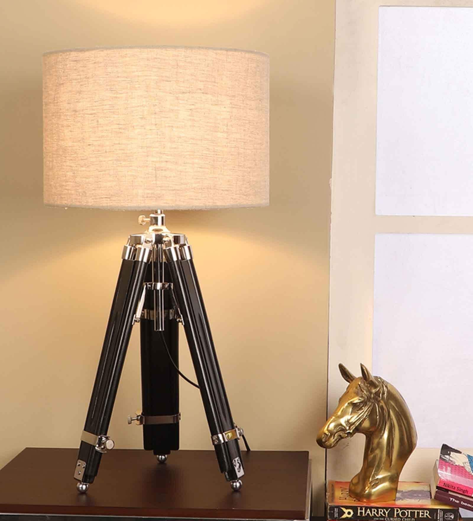 Exemplary Brown Fabric Shade Night Lamp With Metal & Wood Base
