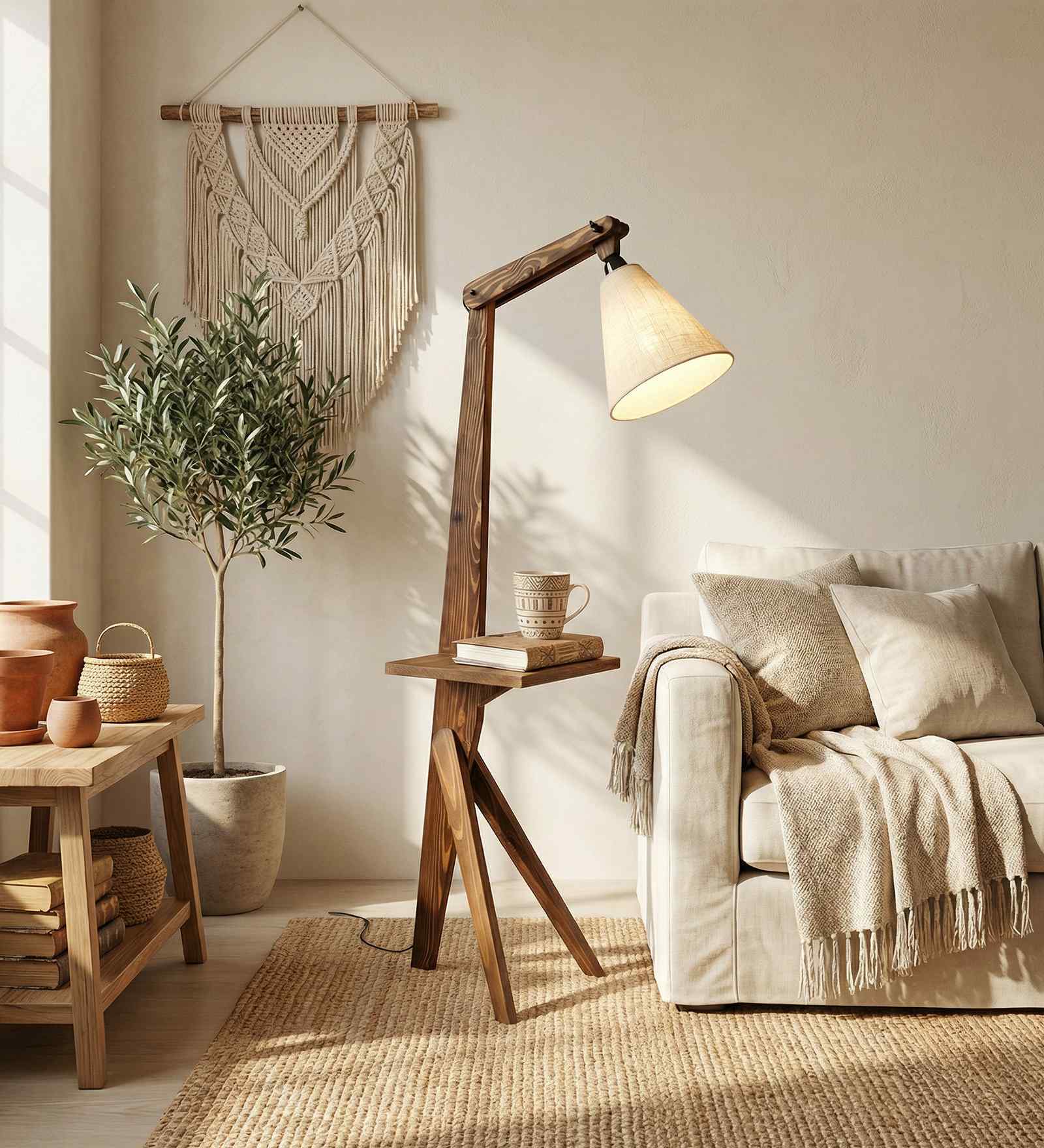 Hubert Wooden Shelf Floor Lamp with Wooden Shade & Brown Base