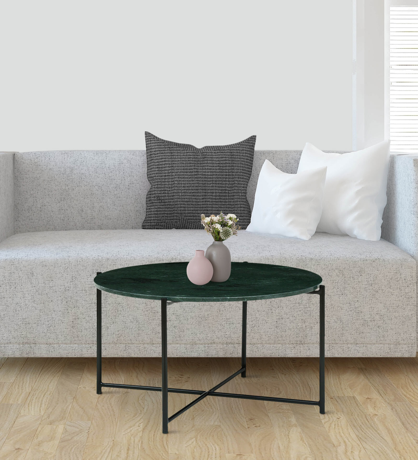 Hucko Metal Coffee Table in Black Finish with Green Marble Top
