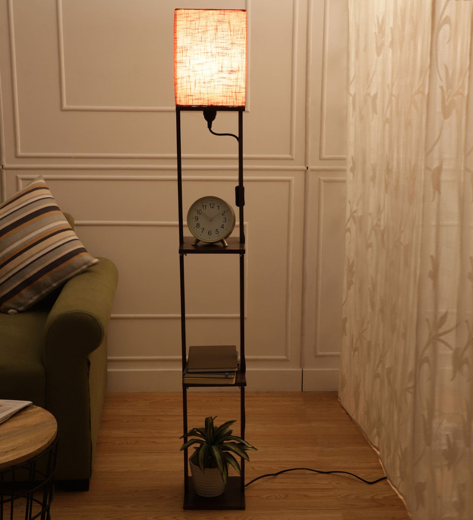 Central Red Cotton Shade Shelf Floor Lamp With Birch Ply Base