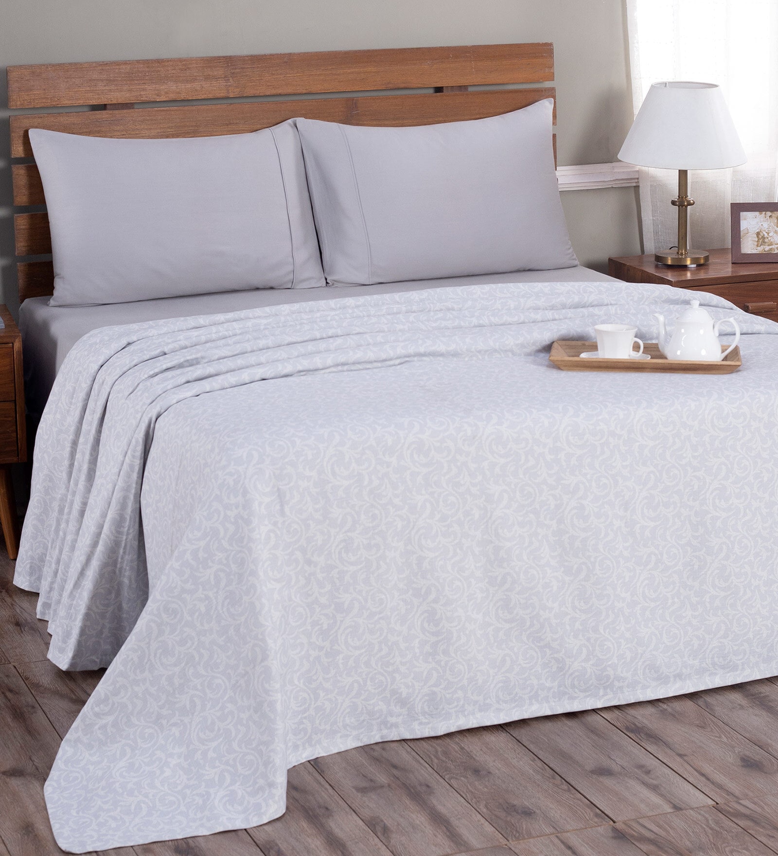 Grey Abstract 300 TC Cotton and Viscose Double Bed Cover