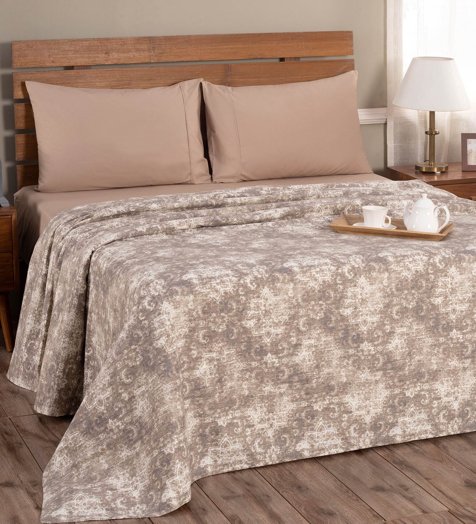 Beige Abstract 300 TC Cotton and Viscose Double Bed Cover