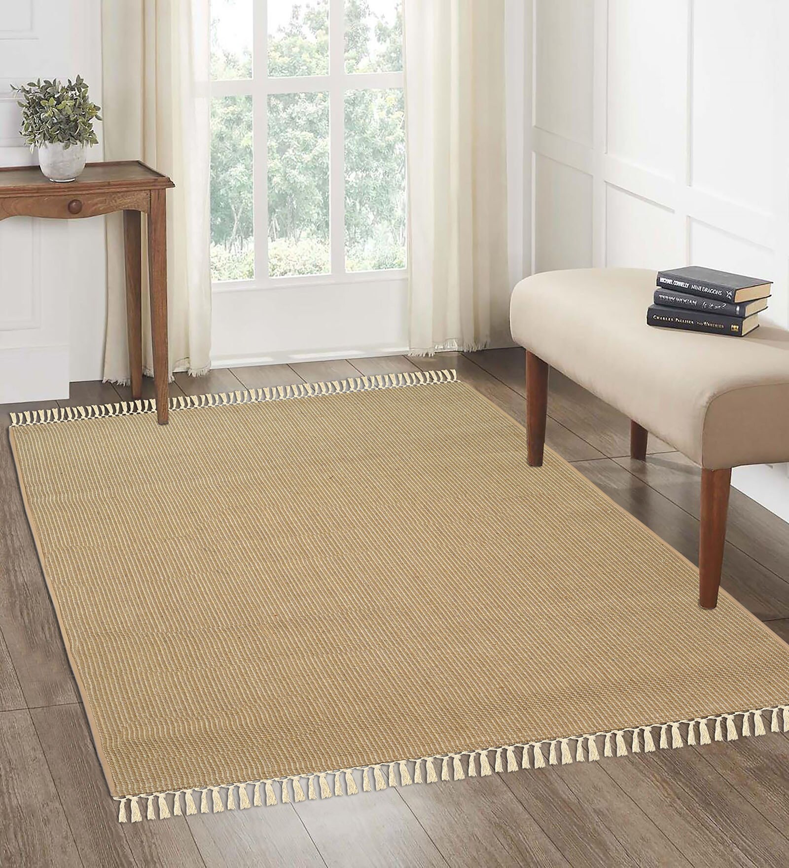 Beige Hugli Cotton Jute Woven Strong 6X9 Ft Carpet With Fringe