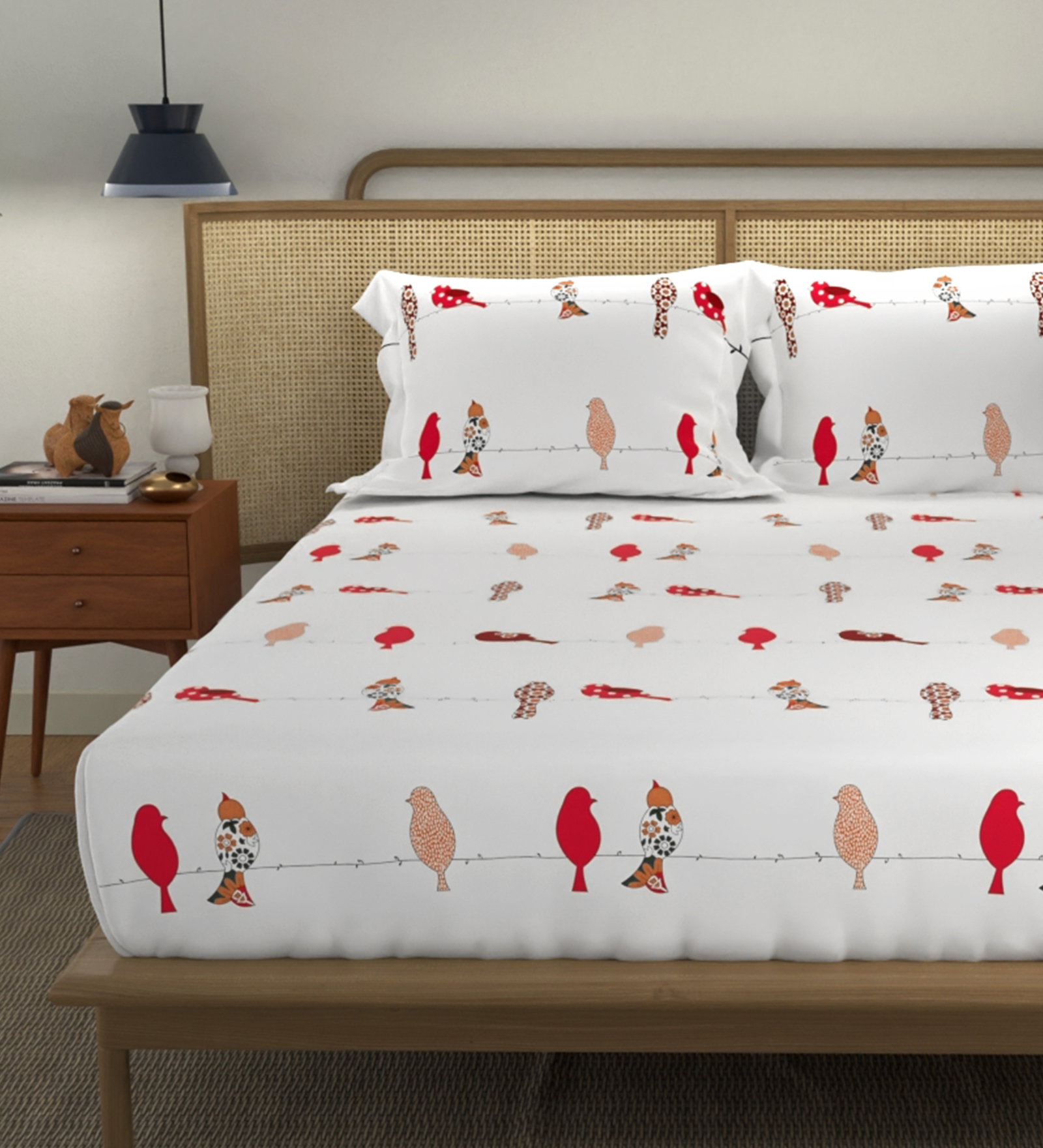 Humming Bird Red 144 Tc Cotton Double Bedsheet With 2 Pillow Covers