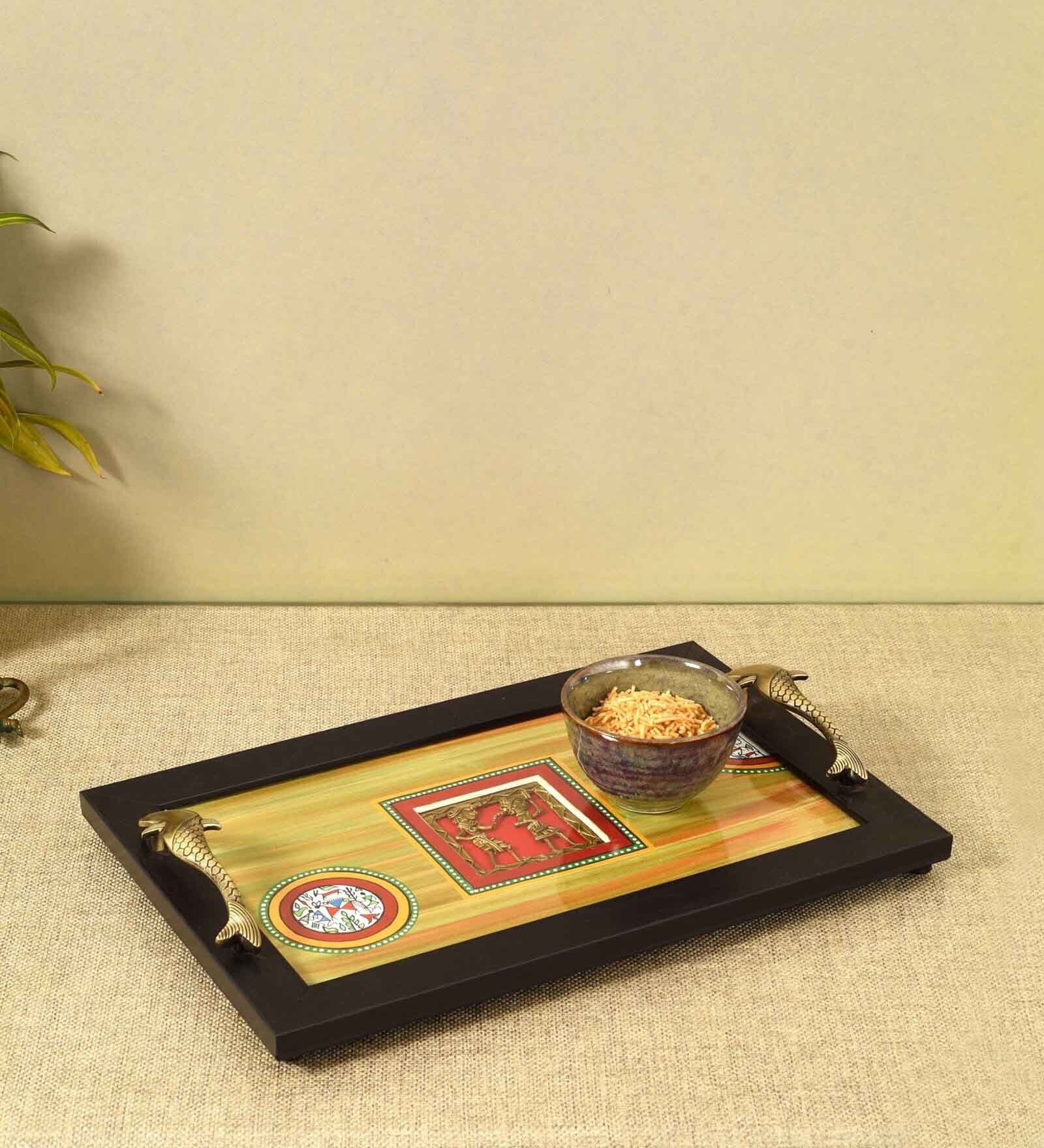 Hunter green dhokra  Multicolor  Glass and Wood  Serving Tray