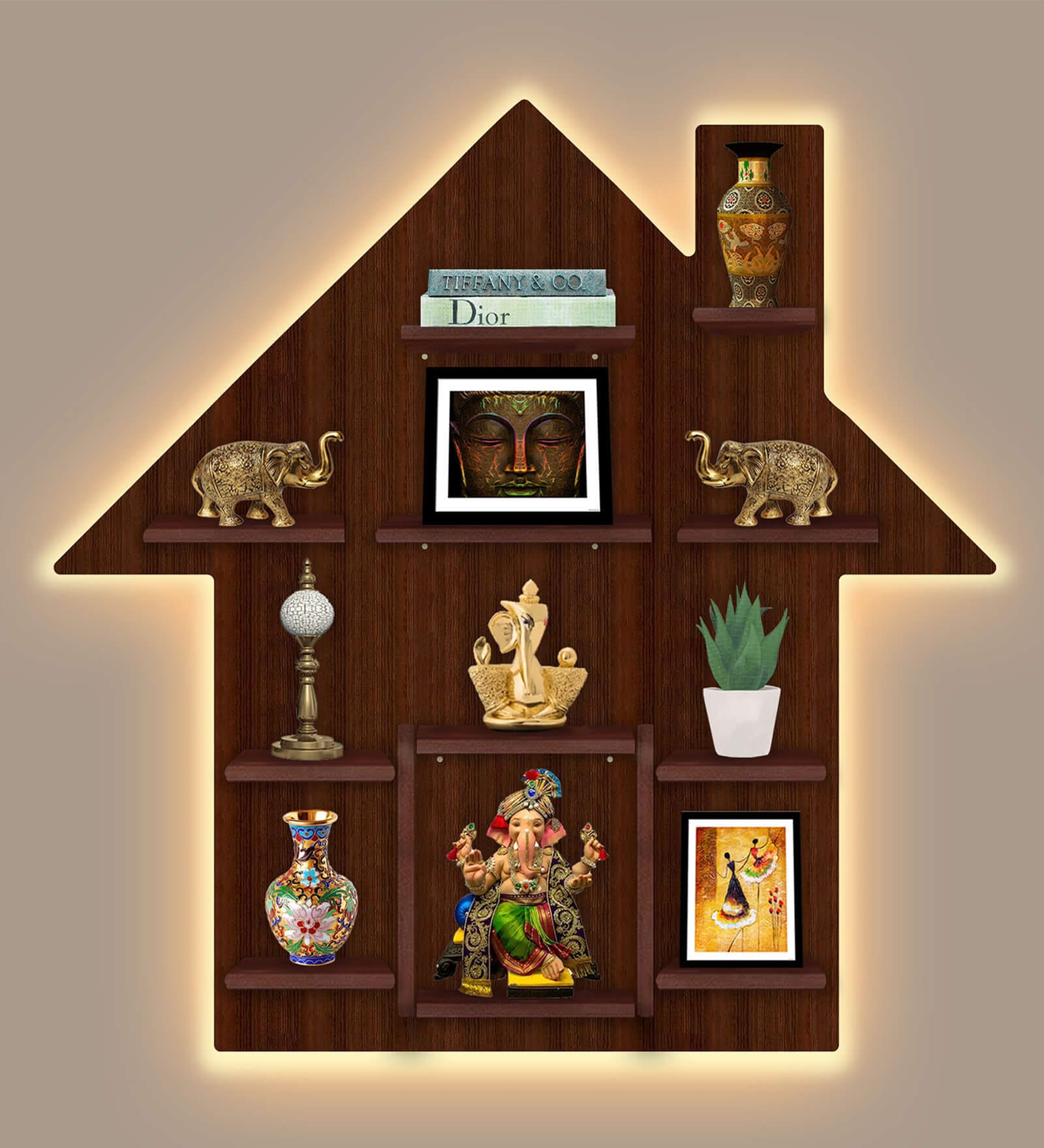 Hut House Shape Walnut Wood Wall Shelf