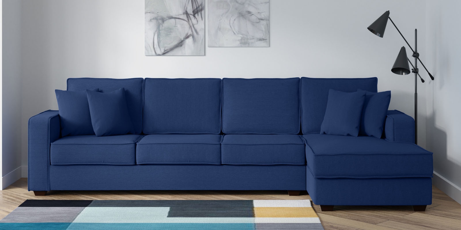 Buy Hugo Fabric LHS Sectional Sofa (3 + Lounger) In Denim Blue at 1
