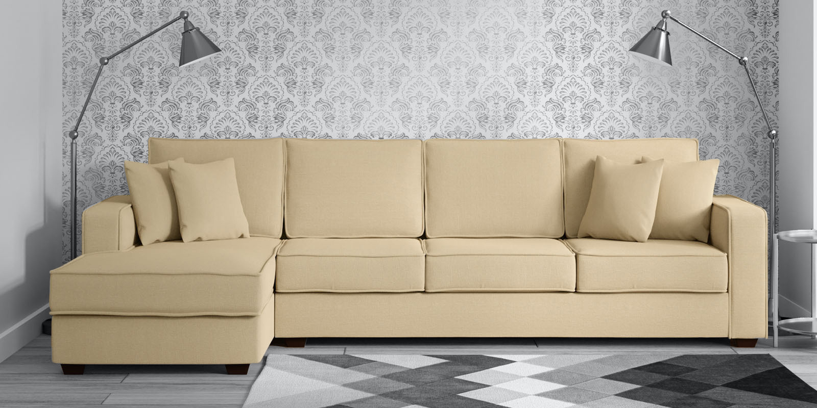 Hugo Fabric RHS Sectional Sofa (3 + Lounger) in Beige Colour