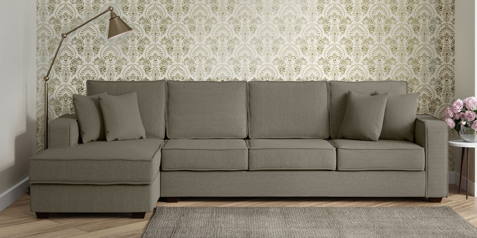 Hugo Fabric RHS Sectional Sofa (3 + Lounger) in Sandy Brown Colour