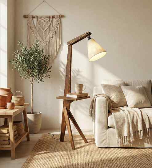 Hubert Wooden Shelf Floor Lamp with Wooden Shade & Brown Base