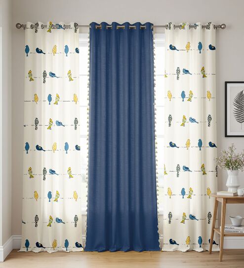 Humming Bird Blue & Aura Indigo Printed Cotton Curtains for Door Pack of 3