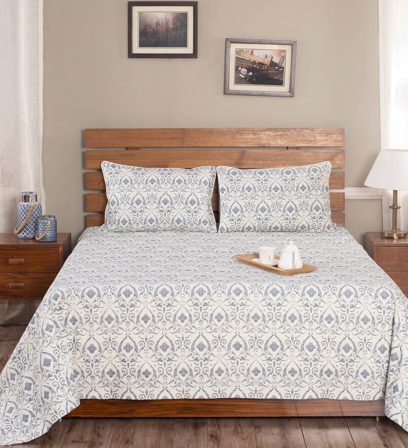 Buy Hues Rustic Clash Blue Print Double Bed Cover With 2 Pillow Shams