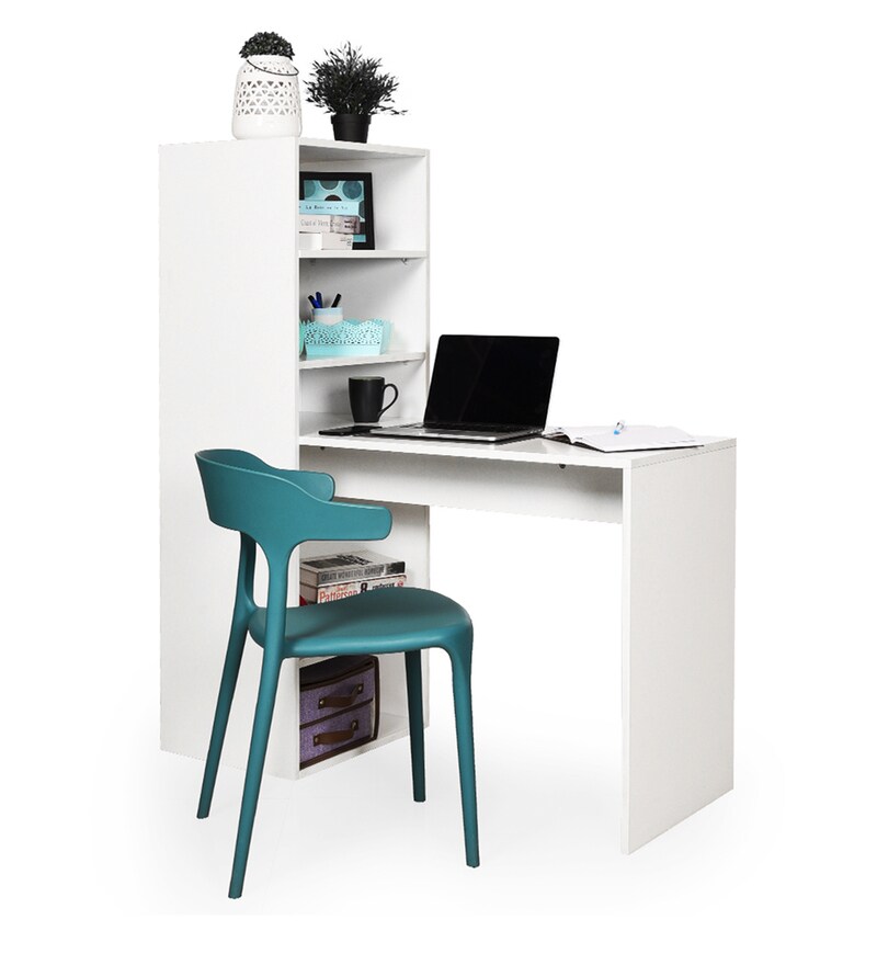 hutch corner study table in frosty white colour by comfold