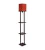 Central Red Cotton Shade Shelf Floor Lamp With Birch Ply Base