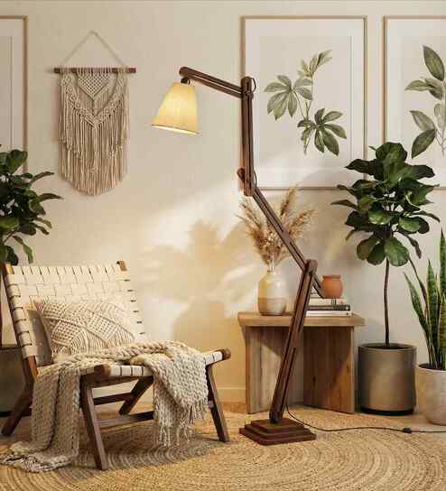 Hydra Wooden Floor Lamp with Jute Shade & Brown Base