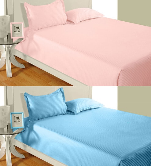 Idrape Peach And Light Blue Cotton Solids Siesta Double Bed Bedsheet With Pillow Cover Combo