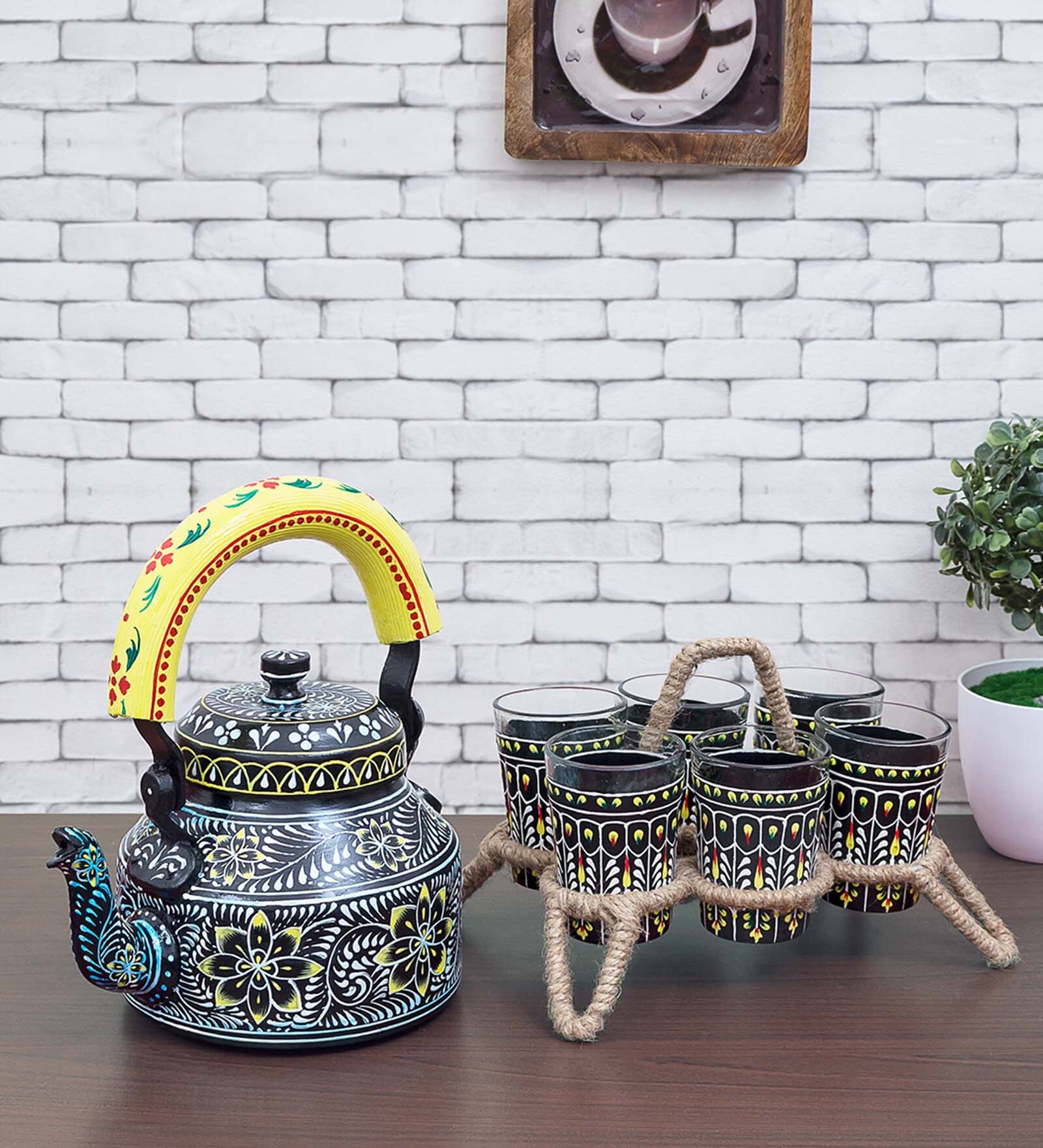 Indi Ikat Blue & Yellow Aluminium & Glass (Set of 8) Teaware Set