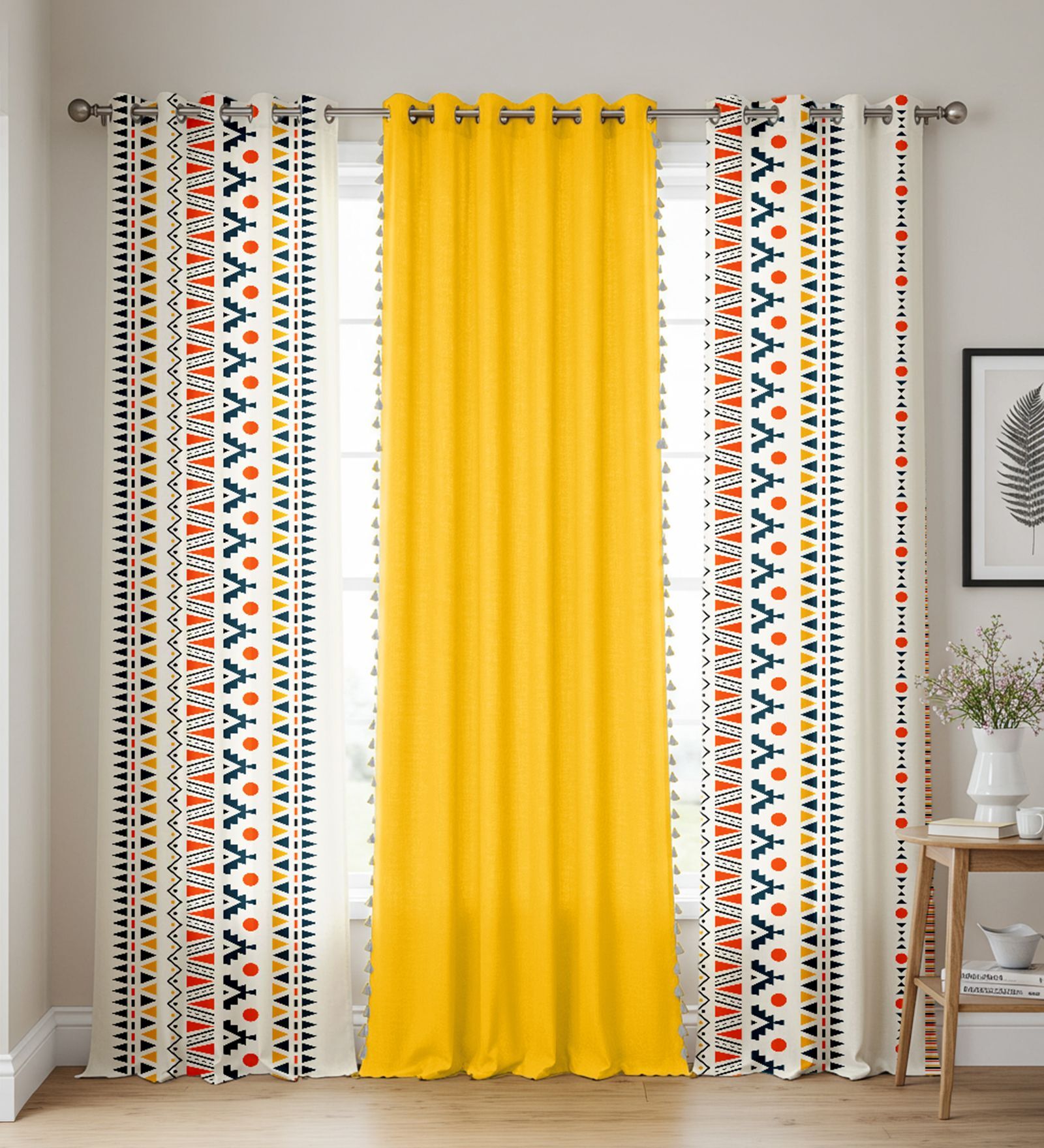 Ikat Orange & Aura Yellow Printed Cotton Curtains for Door Pack of 3