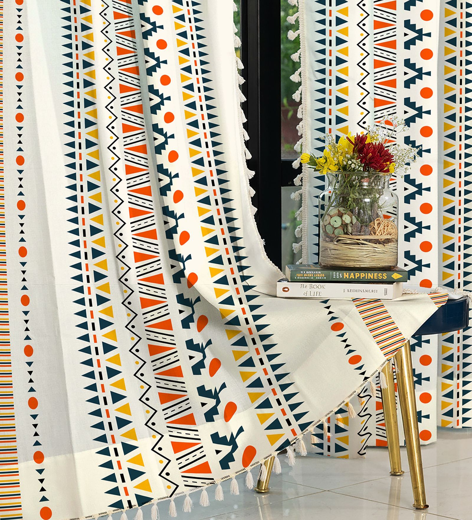 Ikat Orange Floral Cotton Curtains for Window Pack of 1