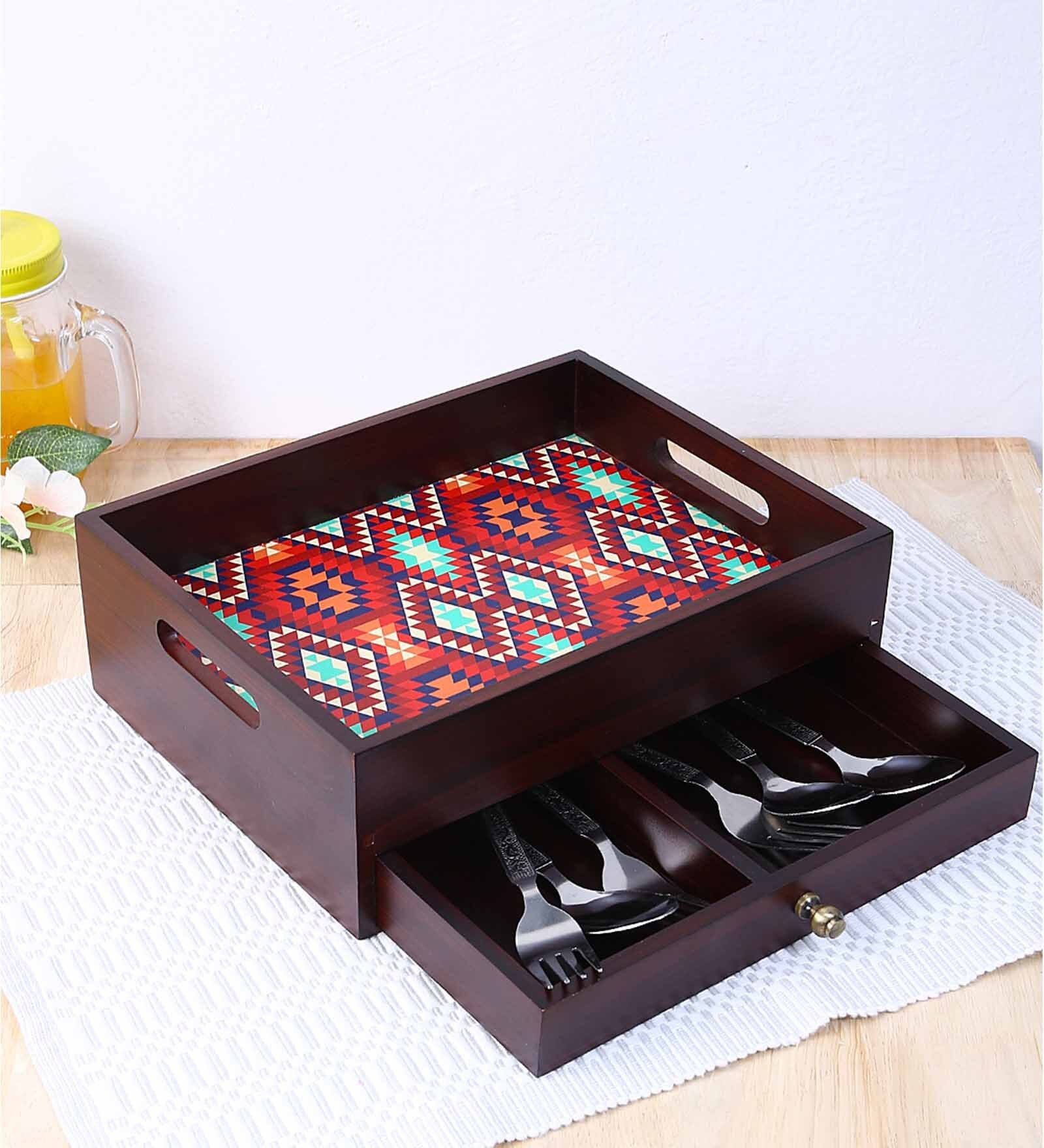 Ikkat Brown MDF Wood Cutlery Holder